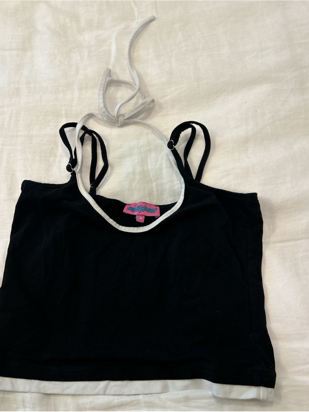 Black Crop Halter Tank Top with White Trim